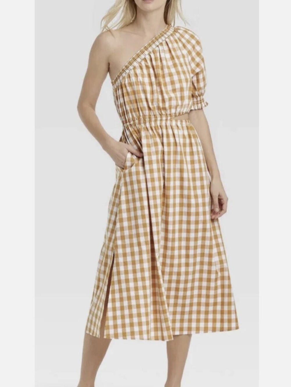 Who What Wear Dress Size M Yellow Gingham Plaid Cut Out Puff Sleeve Midi Slits